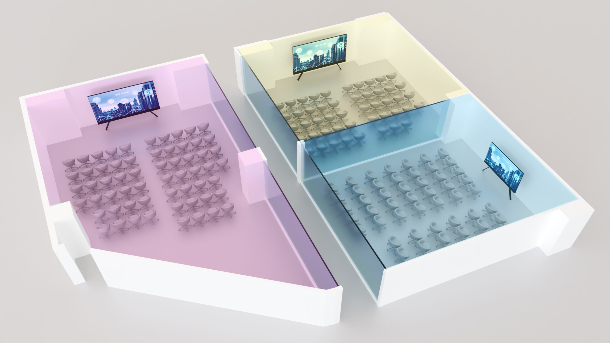 Each room functions as a fully autonomous collaboration environment, capable of hosting simultaneous events with dedicated AV control.