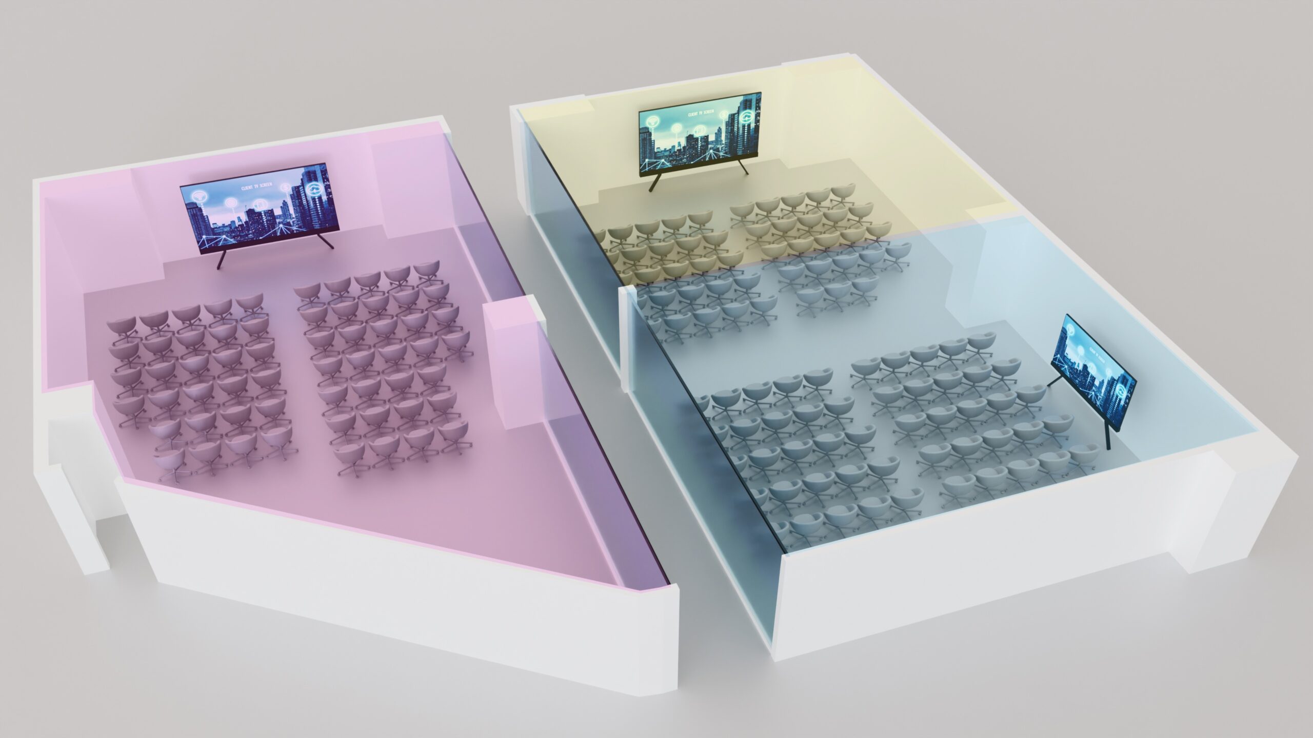 Rooms 1 and 2 can be merged into a unified presentation venue while Room 3 remains operational as a standalone space.